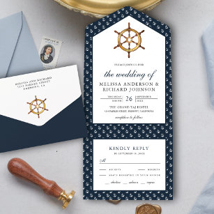 Rustic Ship Helm Nautical Navy Blue Wedding All In One Invitation