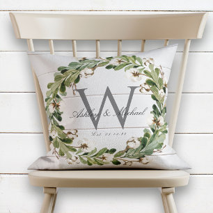 Rustic Shiplap Wreath Monogram Wedding Keepsake Cushion