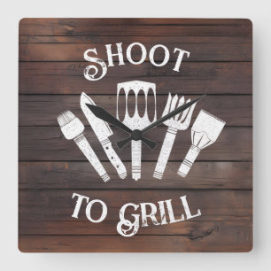 Rustic ‘Shoot To Grill’ – Funny BBQ Gift Square Wall Clock
