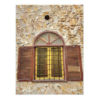 Rustic Shuttered Window on Textured Stone Wall  Photo Print
