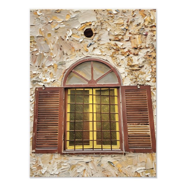 Rustic Shuttered Window on Textured Stone Wall  Photo Print (Front)