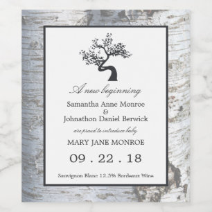 Rustic Silver Birch Tree Baby Announcement Wine Label