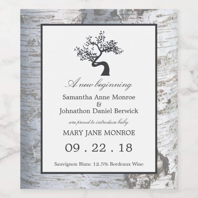 Rustic Silver Birch Tree Baby Announcement Wine Label (Single Label)