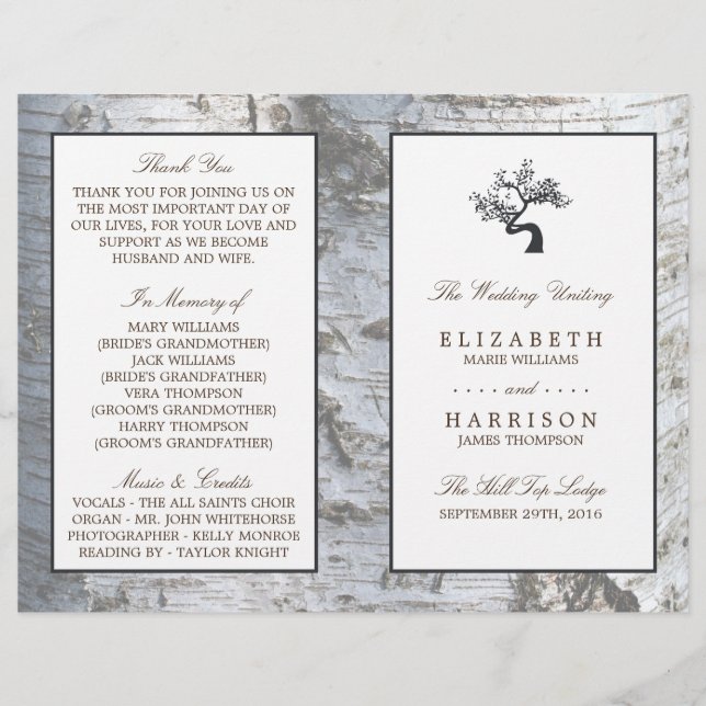 Rustic Silver Birch Tree Wedding Program (Front)