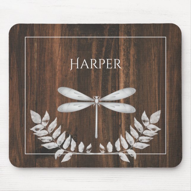 Rustic Silver Dragonfly Personalised Mouse Pad (Front)