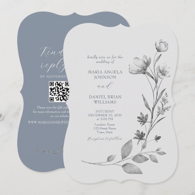 Rustic Silver Floral Wedding Invite (Front/Back)