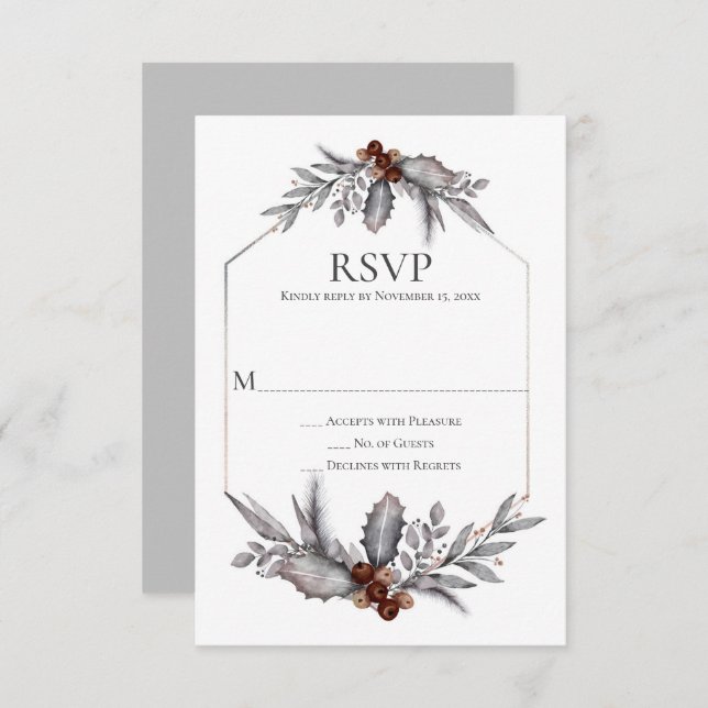 Rustic Silver Grey Rust Brown Berries RSVP (Front/Back)
