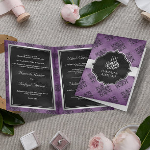 Rustic Silver Purple Black Damask Muslim Wedding Invitation