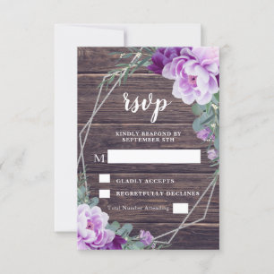Rustic Silver & Purple Floral Barnwood Wedding RSVP Card