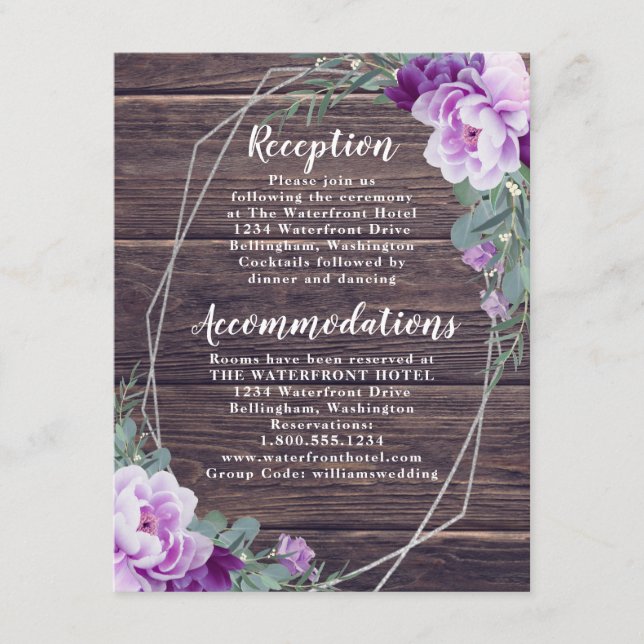 Rustic Silver & Purple Floral Wedding Details Enclosure Card (Front)