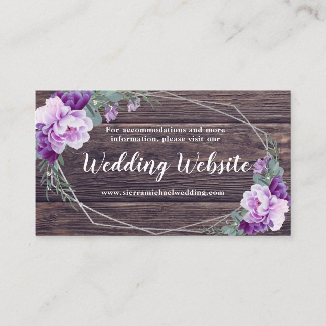 Rustic Silver & Purple Floral Wedding Website Enclosure Card (Front)