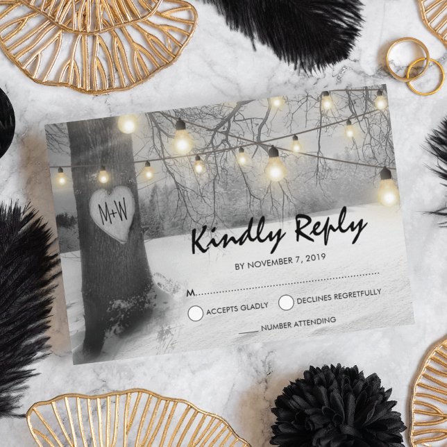 Rustic Silver Winter Tree Lights Wedding RSVP Invitation (Creator Uploaded)