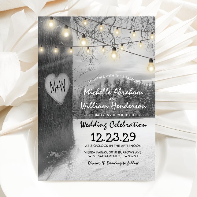 Rustic Silver Winter Tree Twinkle Lights Wedding Invitation (Creator Uploaded)