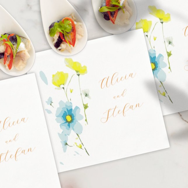 Rustic Simple Blue Yellow Poppies Watercolor Napkin (Creator Uploaded)