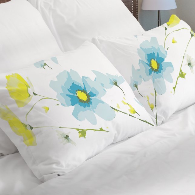 Rustic Simple Blue Yellow Poppies Watercolor Pillowcase (Creator Uploaded)
