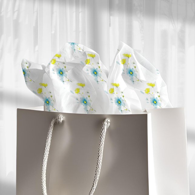 Rustic Simple Blue Yellow Poppies Watercolor Tissue Paper (Creator Uploaded)