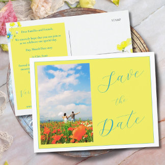 Rustic Simple Photo Yellow Blue Save the Date Postcard
