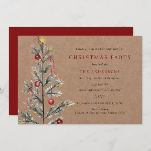 Rustic Simple Traditional Tree Christmas Party Invitation