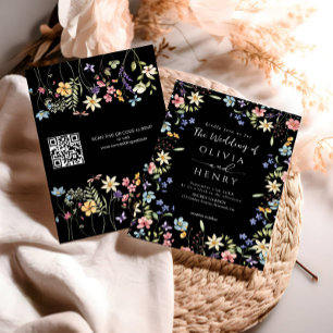 Rustic Simple Wildflower Black QR Code Wedding Invitation