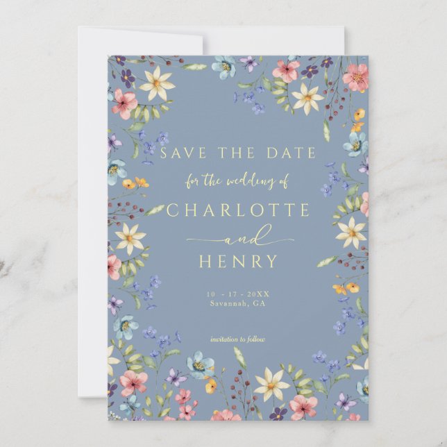 Rustic Simple Wildflower Dusty Blue Wedding Save The Date (Front)