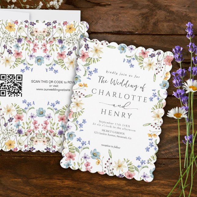 Rustic Simple Wildflower White QR Code Wedding Invitation (Creator Uploaded)