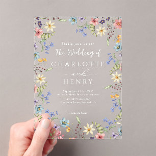 Rustic Simple Wildflower White Spring Wedding Acrylic Invitations