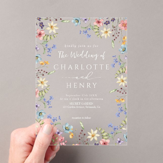 Rustic Simple Wildflower White Spring Wedding Acrylic Invitations (Insitu (Handheld))