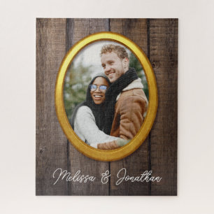  Rustic Simple Wood Golden Frame Add Photo Wedding Jigsaw Puzzle