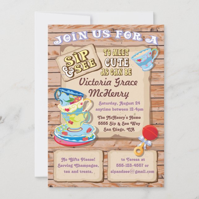 Rustic Sip and See New Baby Invitation (Front)