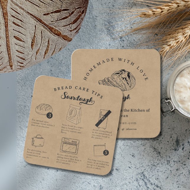 Rustic  Sketch Homemade Sourdough Bread Care Tips Square Business Card (Rustic Sketch Homemade Sourdough Bread Care Tips Square Business Card )