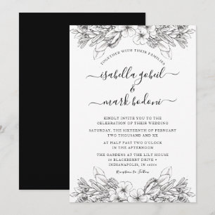 Rustic Sketched Floral Black & White Wedding Invitation