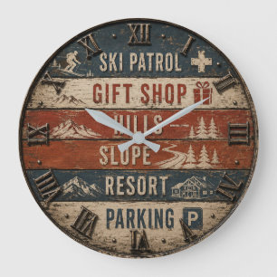 Rustic Ski Patrol Resort Vintage Mountain Lodge Large Clock
