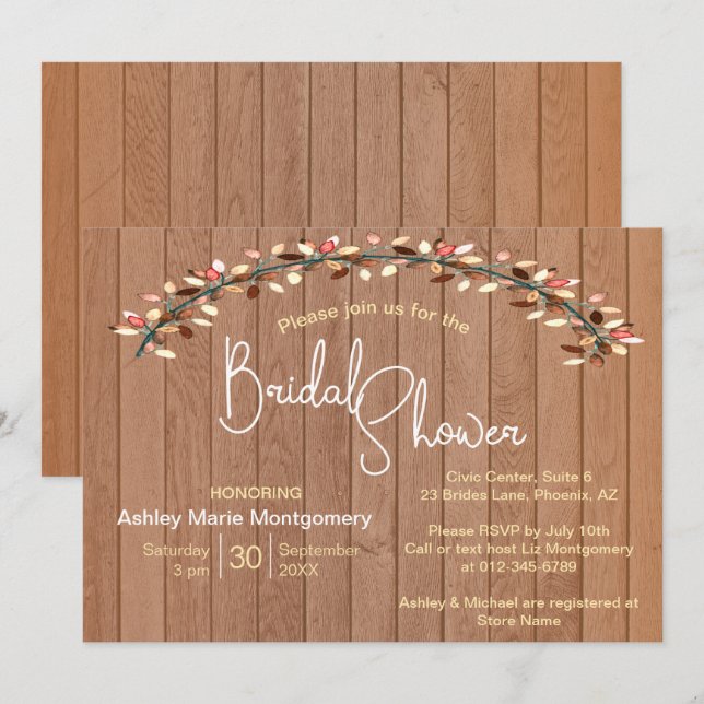 Rustic Slat Wood Colorful Leaf Arch Bridal Shower Invitation (Front/Back)