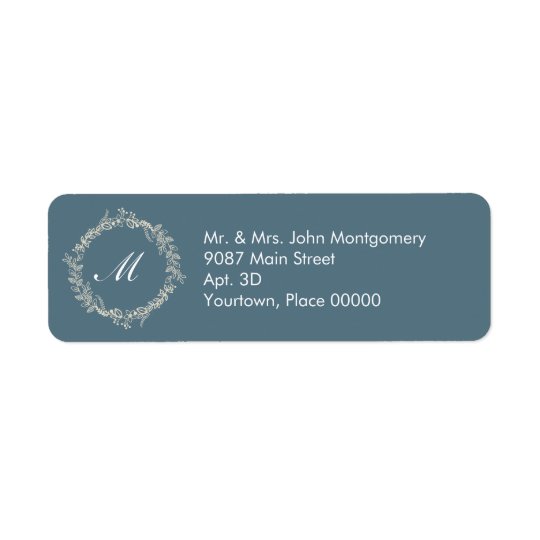 Rustic Slate Blue Outlined Floral Wreath Monogram Return Address Label