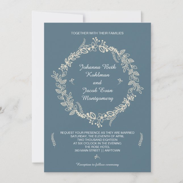 Rustic Slate Blue Outlined Floral Wreath Wedding Invitation (Front)