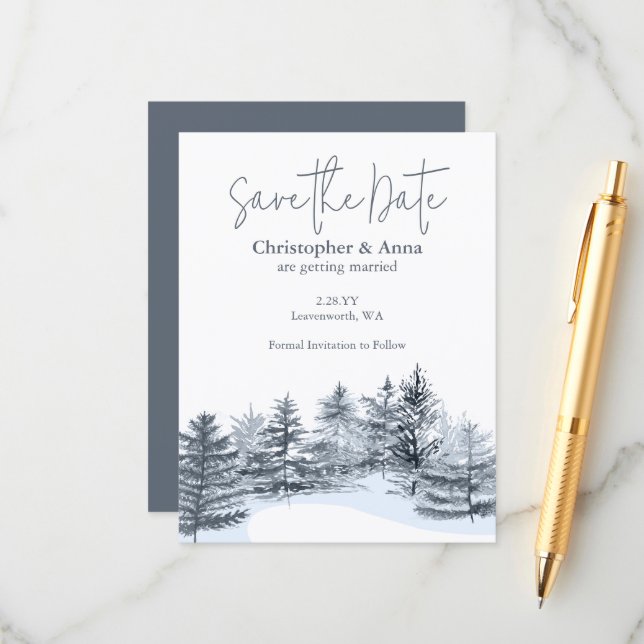 Rustic Slate Gray Pine Trees Wedding Save the Date Advice Card (Front/Back In Situ)
