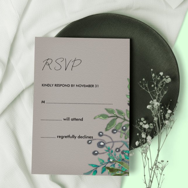 Rustic Slate Grey and Botanical Green Foliage RSVP Invitation (Creator Uploaded)