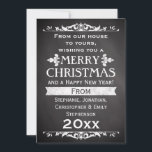 Rustic Slate Vintage Custom Christmas Greeting Holiday Card<br><div class="desc">Personalise this cool holiday card with your name and year. Rustic and vintage slate chalkboard black board theme Christmas card is great for celebration. dark charcoal grey and black background with white chalk look lettering and antique theme decos.</div>