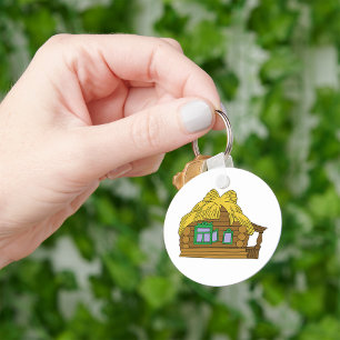Rustic Slavic Log House Traditional Thatched Roof Key Ring