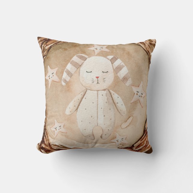 Rustic Sleeping Bunny Rabbit Stars Nursery Cushion (Front)