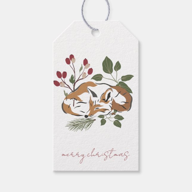 Rustic Sleeping Fox Greenery Christmas Gift Tag (Front)