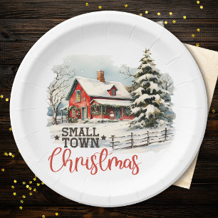 Rustic Small Town Christmas Farmhouse Paper Plate
