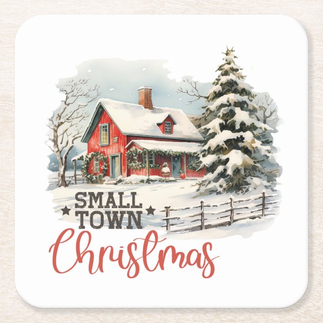Rustic Small Town Christmas Farmhouse Square Paper Coaster (Front)