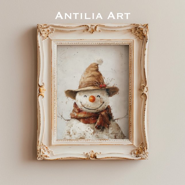 Rustic Smiling Snowman in Hat and Scarf Christmas Poster (Creator Uploaded)