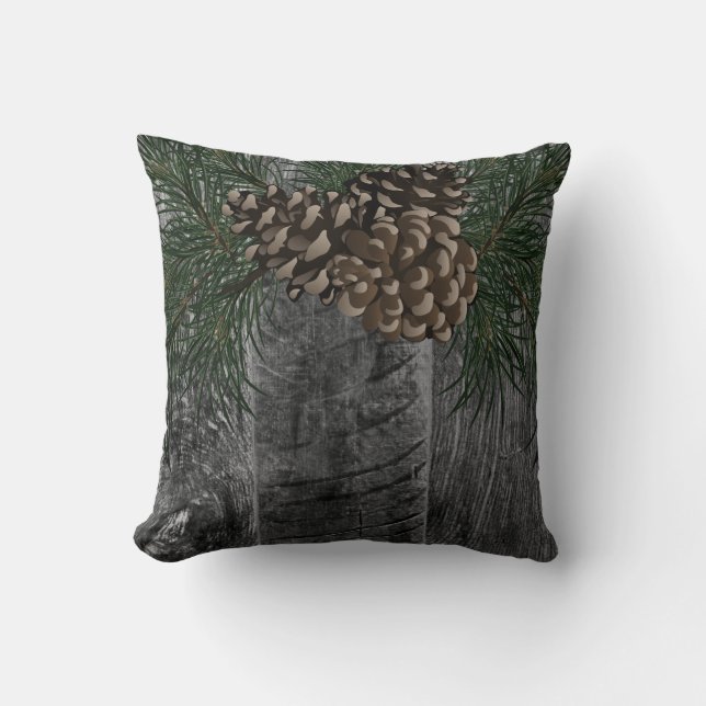 Rustic smokey grey wood pine cone  cushion (Front)