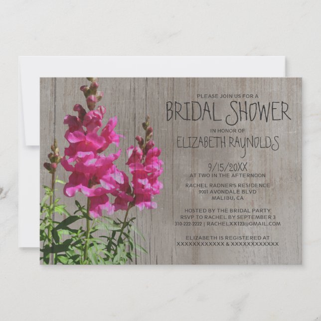 Rustic Snapdragon Bridal Shower Invitations (Front)