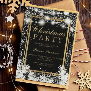 Rustic snow black Christmas pine string lights Invitation