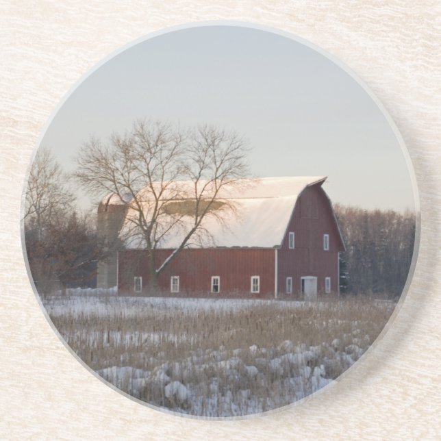Rustic Snow Covered Barn Beverage Coaster (Front)