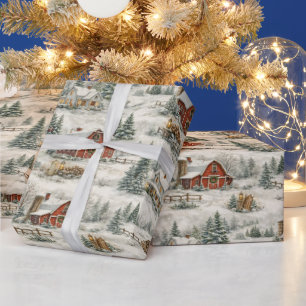Rustic Snow Covered Farmhouse Winter Pattern Wrapping Paper