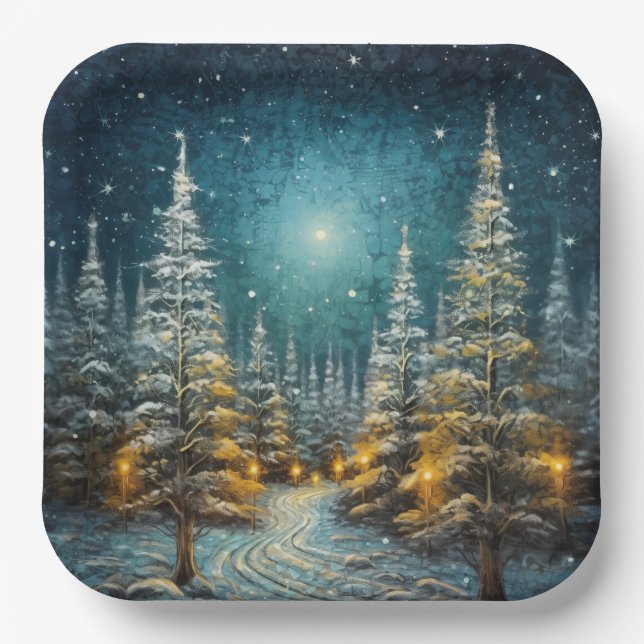 Rustic Snow Covered Road Merry Christmas Paper Plate (Front)